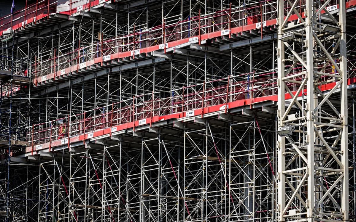 Steel scaffolding erected against a building