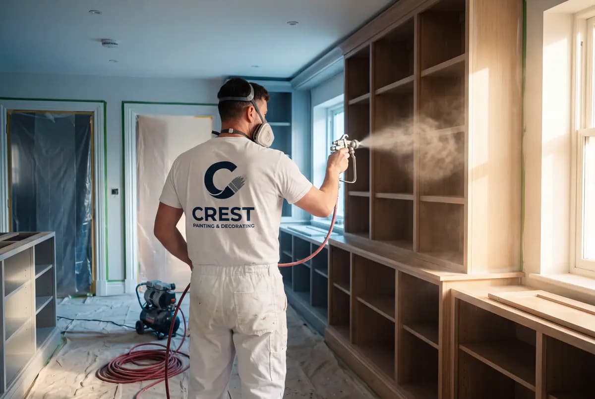 A CREST painter spraying oak joinery through a respirator, with openings masked in plastic and the compressor running behind