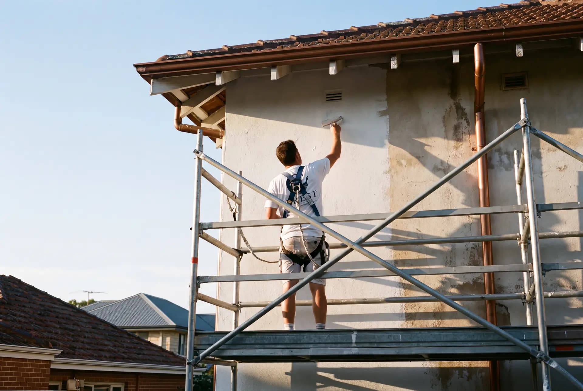 A CREST painter on scaffold with a fall-arrest harness, cutting in render on a two-storey exterior in late afternoon light