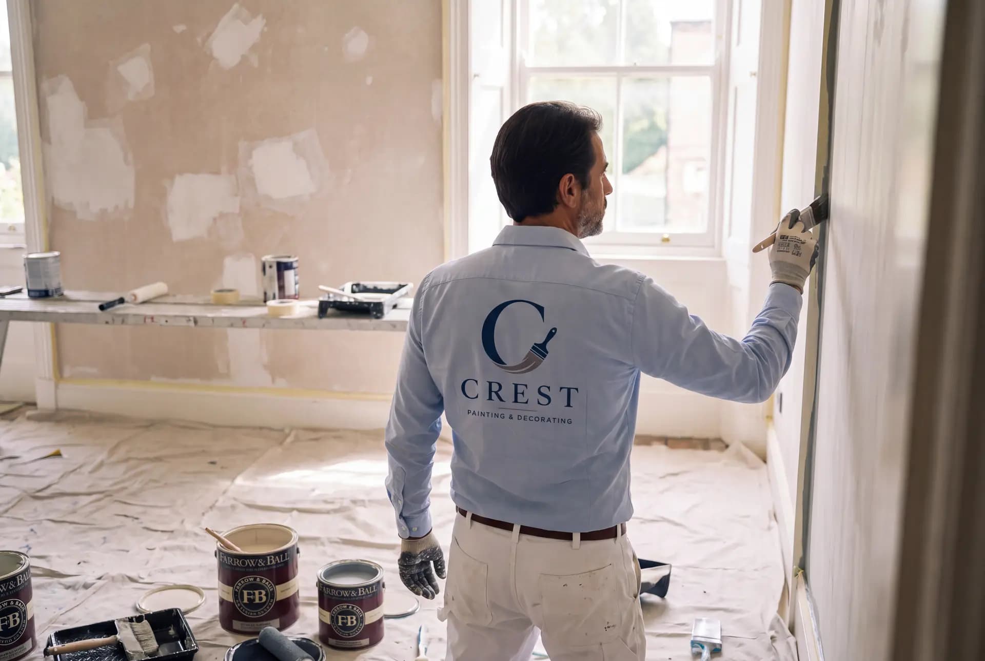 A CREST painter cutting in a wall edge with a sash brush, in a stripped heritage room with drop sheets and paint tins