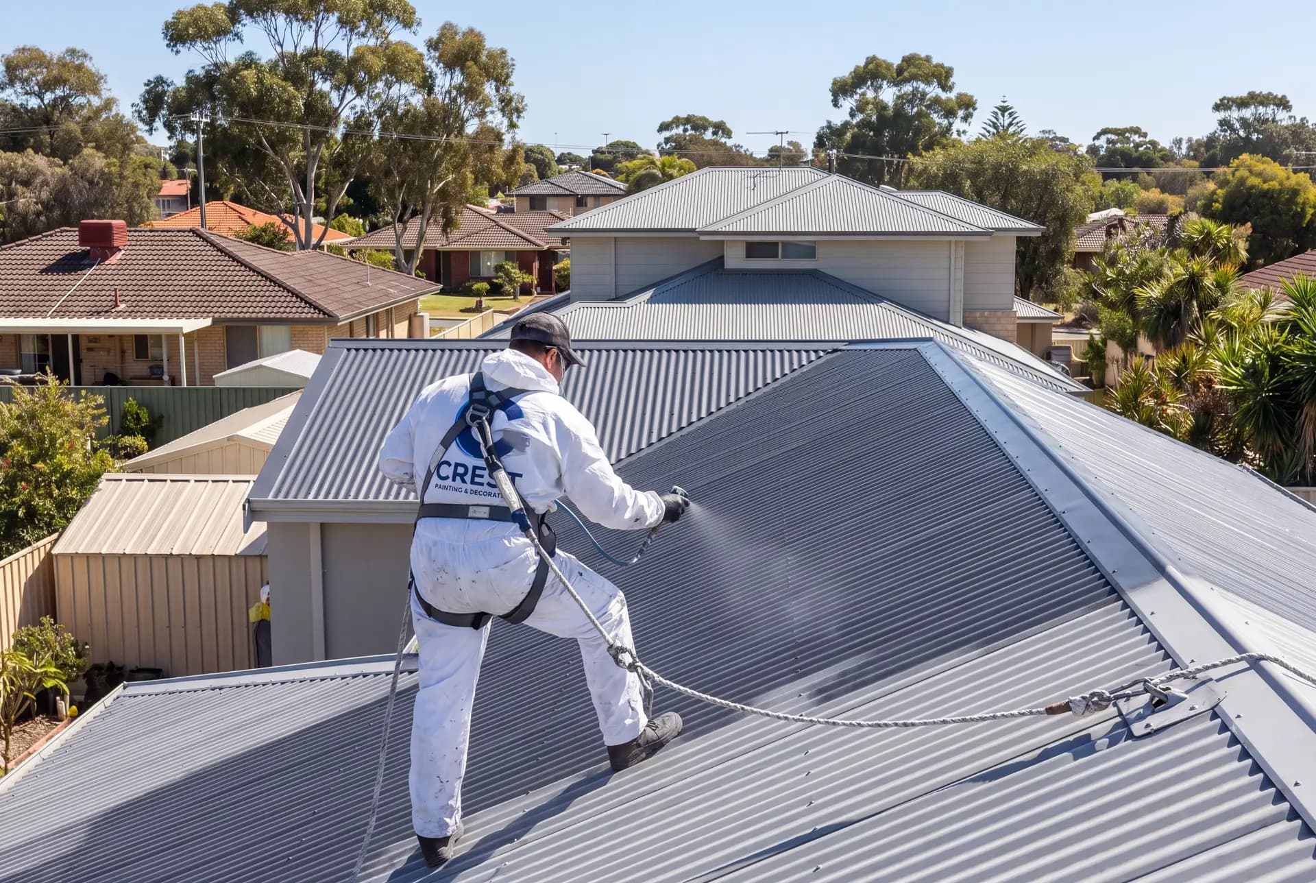 A CREST painter spray-coating a Colorbond corrugated steel roof, harness and rope anchored, Perth brick-and-tile rooftops and gum trees beyond