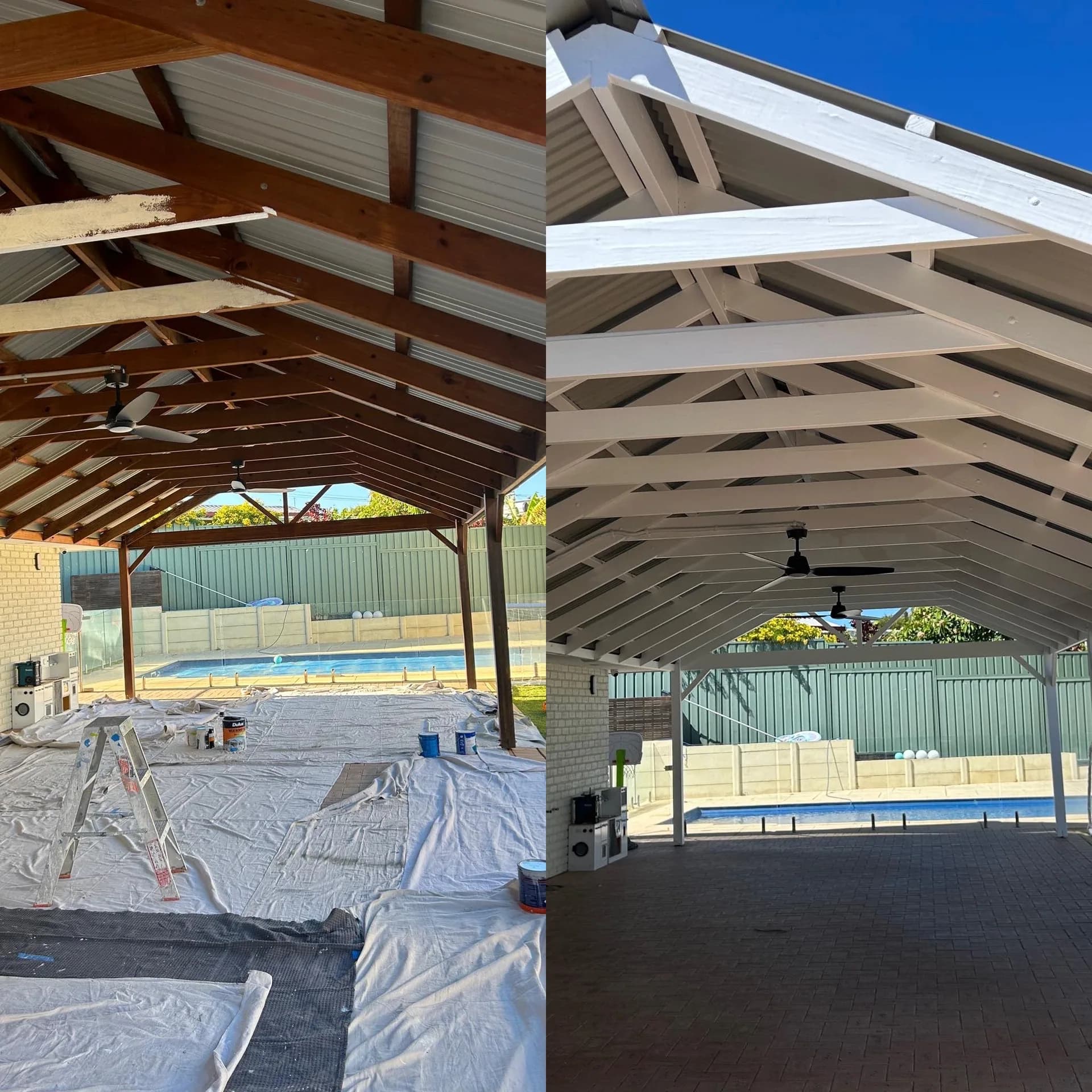 A timber patio structure before and after: raw stained beams on the left, crisp white on the right